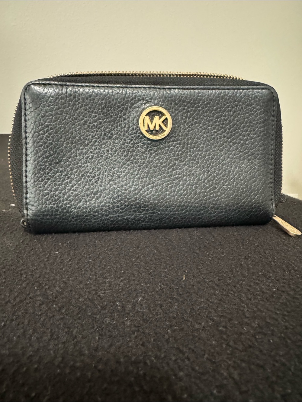 Michael Kors Black Pebbled Leather Zip-Around Wallet with Gold MK Emblem